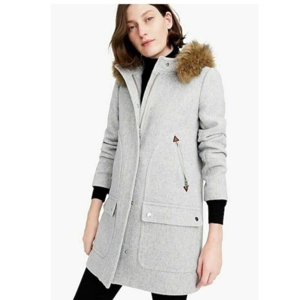 J Crew Nello Gori Wool Faux fur hood Full zip Peacoat Parka size 6 Grey Z2 - Picture 1 of 11